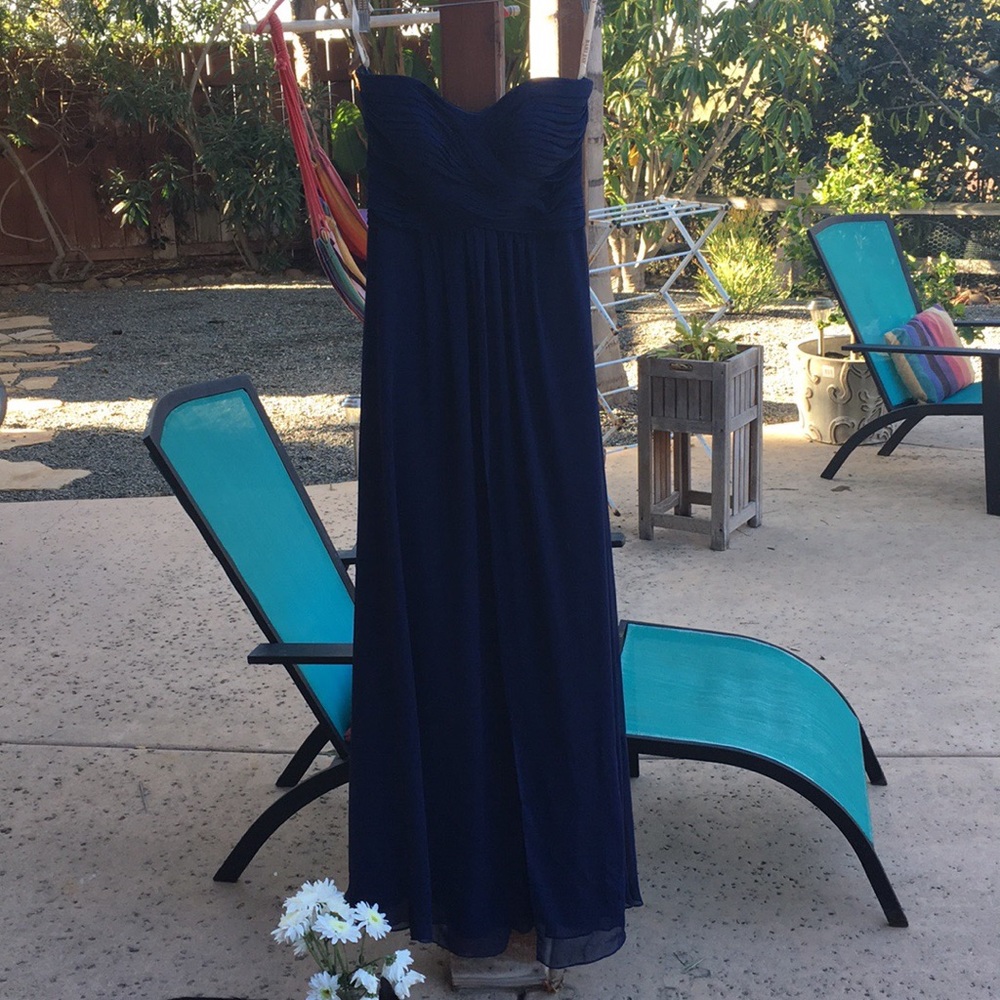 Midnight blue floor length strapless gown